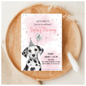 Dog Birthday Party Invitation Dalmatian Birthday Invite Pink Girl Come Sit Stay Party Animal Pet Vet Dog Pawty Birthday Invite Instant