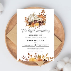 Two Little Pumpkins Baby Shower Invitation, Twin Baby Shower Invitation Template, Twin Little Pumpkin is on the Way, Fall Printable Invite