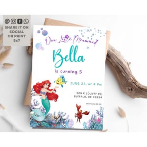 Faire-part d'anniversaire petite sirène, faire-part d'anniversaire Ariel, carte d'anniversaire la petite sirène, faire-part princesse Ariel