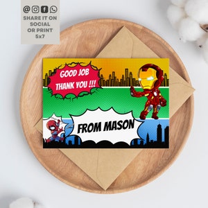 Superhero Thank You Card Template, Superhero Party Card, Superheroes Thank You Card, Spiderman Iron Man Captain America Thanks Card Editable