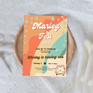 Music Festival Birthday Party Invitation Floral Boho Retro Daisy Birthday Flower Power 70&#39;s Groovy Hippie Floral Power Festival Party Invite