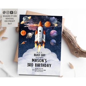 Outer Space 3rd Birthday Invitation, Outer Space Invitation, Astronaut Boy Birthday Invitation, Galaxy Blast Off Space Birthday Invite