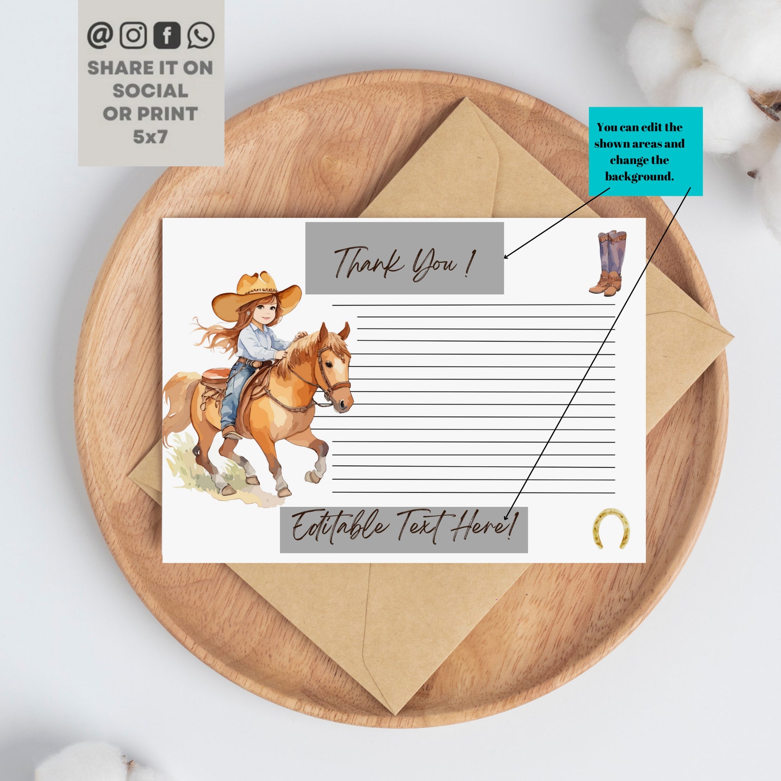 Horse Cowgirl Birthday Thank You Card, Horse Party Thank You Card, Girl ...