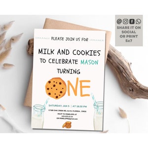 Editable Milk and Cookies Birthday Invitation Milk & Cookies Party Boy Birthday Invite Blue First Birthday Printable Invitation Template