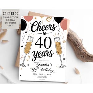 40th Birthday Invitation, Cheers to 40 Birthday Years Invite, Cheers 40th Party Birthday Invite, 40th Birthday Party Invite, Editable