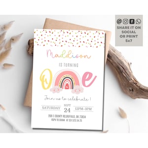 Rainbow First Birthday Invitation, 1st Birthday Invitation Template, Editable Rainbow Invite, Boho Party ,DIY Digital, Try Before Buy
