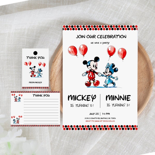 Mickey Mouse Sibling Birthday Invitation, Minnie Mouse Sibling Birthday Invitation ,Mickey And Minnie Mouse Birthday Invitation, Instant