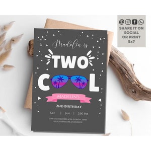 Bewerkbare twee coole verjaardagsuitnodiging meisje tweede verjaardagsfeest 2e Ik ben deze vele twee coole roze zonnebril afdrukbare instant sjabloon