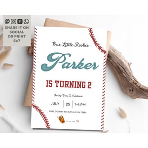 Baseball 2nd Birthday Invitation, Our Little Rookie Baseball Party Invite, Boy Baseball Party Birthday Invite, Editable Party Template