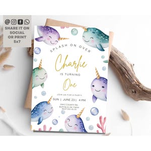 Narwhal Birthday Invitation, Whale Birthday Party Invite, Girls Birthday Invite, Under The Sea Narwhal Birthday Invitation, Editable Instant