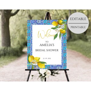 Blue Tiles Lemon Bridal Shower Welcome Sign, Mediterranean Bridal Shower, Italian Bridal, Positano Printable Template, Instant Download