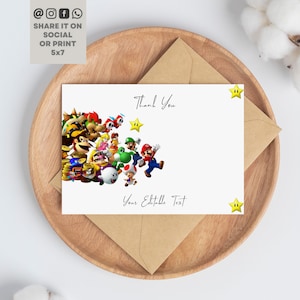 Cartão de agradecimento de aniversário de Super Mario, aniversário de Super Mario, cartão de agradecimento de aniversário de Mario, modelo editável para impressão, instantâneo