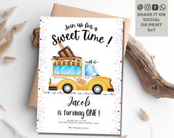 Ice Cream Truck Birthday Invitation Ice Cream Birthday Party Cone Boy Girl Mint Yellow Summer Twin Birthday Invite Instant Editable Template