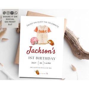 Baseball Party 1st Birthday Invitation, Our Little Rookie Baseball Invite, Boy Baseball Party Birthday Invite, Editable Party Template