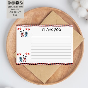 Mickey Mouse Birthday Thank You Card, Mickey Mouse Birthday Party Party Card, Minnie Mouse Birthday Party Thank You Card, Editable Printable