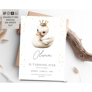 Schwan-Geburtstagsfeier-Einladung, Schwanenprinzessin Geburtstag einladen, Schwanenkrone Geburtstag einladen, bearbeitbare Party einladen Sofort