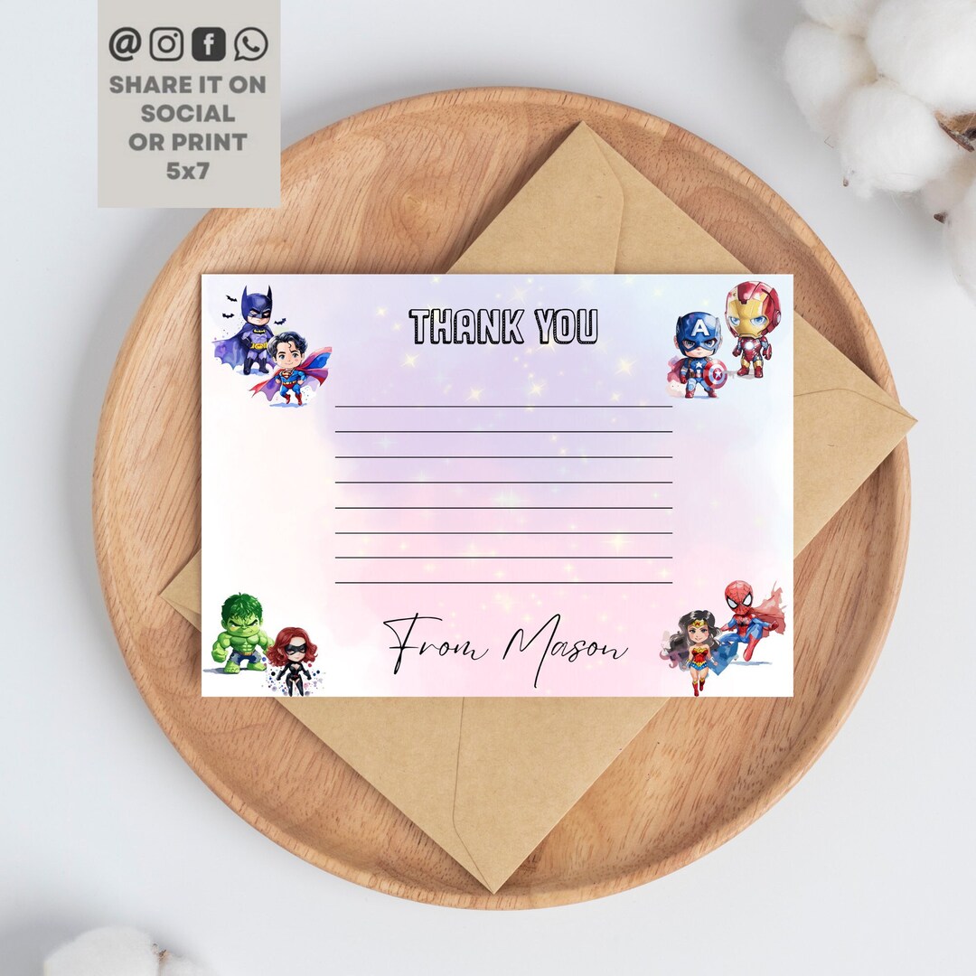 Superhero Thank You Card, Superheroes Party Thank You Card Template ...