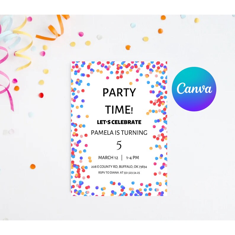 Confetti Party Invitation, It's Party Time, Colorful Invitation