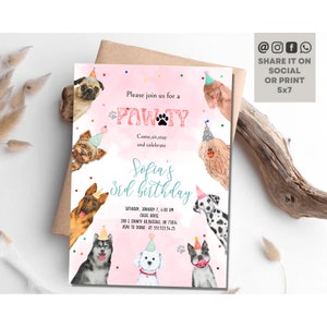 Dog Birthday Party Invitation Puppy Pawty Invitation Girls Pink Doggy Shelter Animal Pet Vet Dog Theme Birthday Invite Pawty Birthday Invite