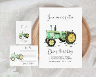 Tractor Birthday Invitation, Green Farm Tractor Invitation, Minimalist Green Tractor Birthday Party Invite,John Deere Birthday Invitation