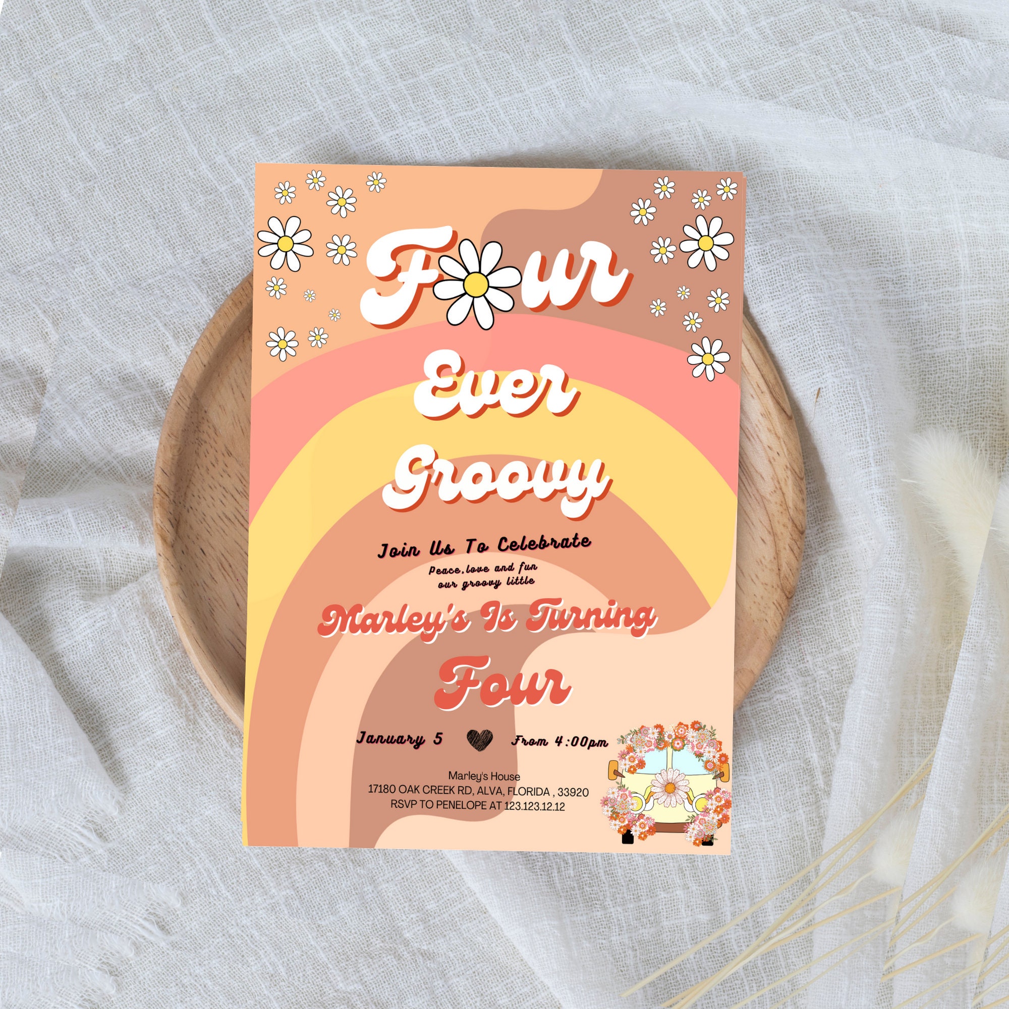 Four Ever Groovy Birthday Invitation 4th Birthday Boho Retro Daisy ...
