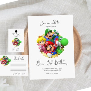 Super Mario Third Birthday Invitation, Super Mario 3rd Birthday Party Invite, Mario 3rd Birthday Invitation with Thank You Tag & Card