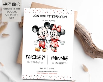 Mickey Mouse Sibling Birthday Invitation, Mickey Mouse Birthday Invite, Mickey And Minnie Mouse Clubhouse Sibling Birthday Invite, Instant