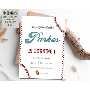 Baseball 1st Birthday Invitation, Our Little Rookie Baseball Party Invite, Boy Baseball Party Birthday Invite, Editable Party Template