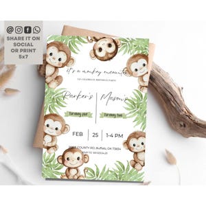 Monkey Sibling Birthday Invitation, Monkey Jungle Twin Party Invite, Greenery Monkey Birthday Invitation, Safari Monkey Birthday Invite