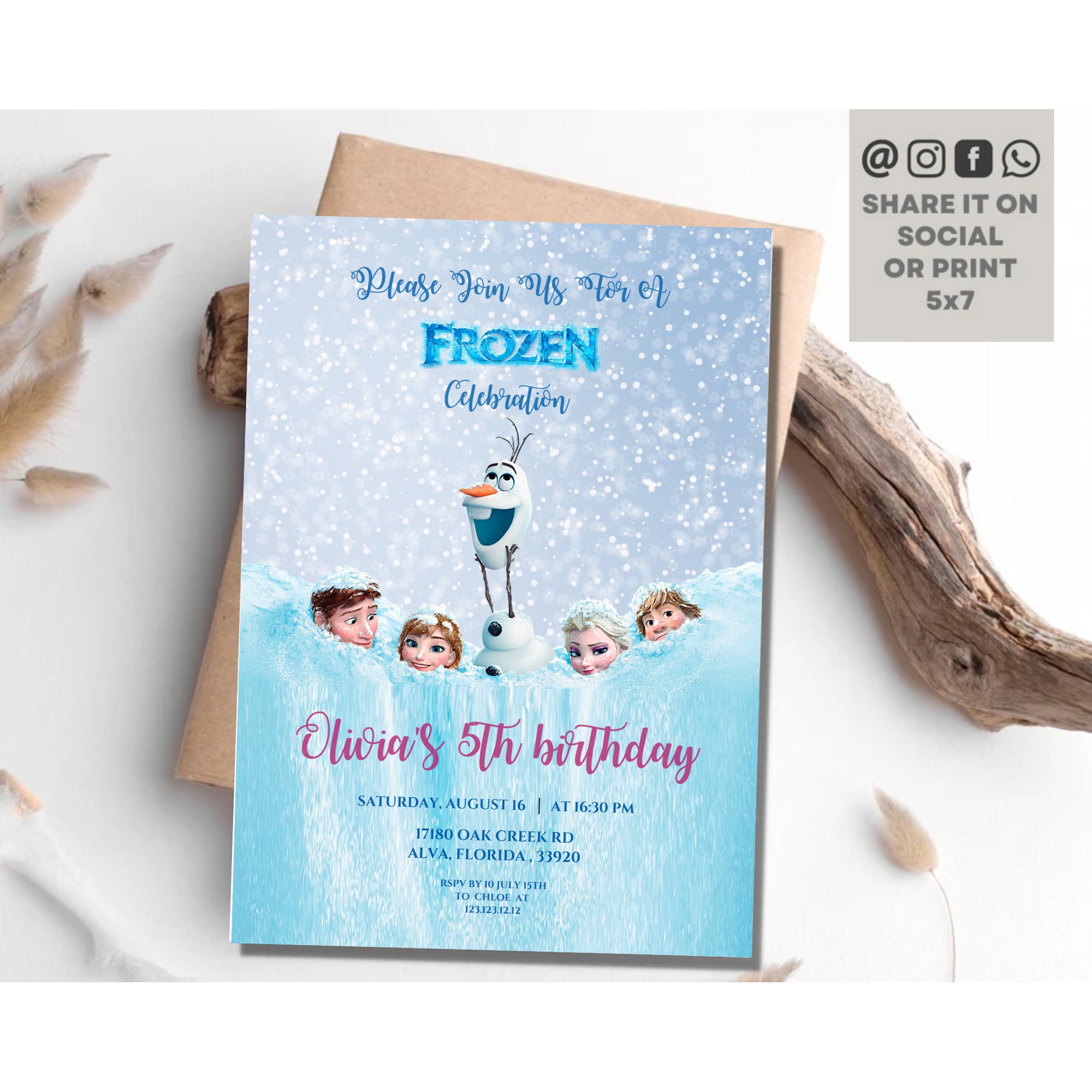 Frozen Princess Elsa Anna Olaf Girl Birthday Invitation Winter Snow Birthday Party Invites Template Printable Editable