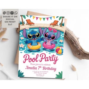 Stitch Pool Party-Geburtstags-Einladung für Mädchen, bearbeitbare Stitch-Einladung, Hawaii-Party einladen, Tropische Geburtstagseinladung