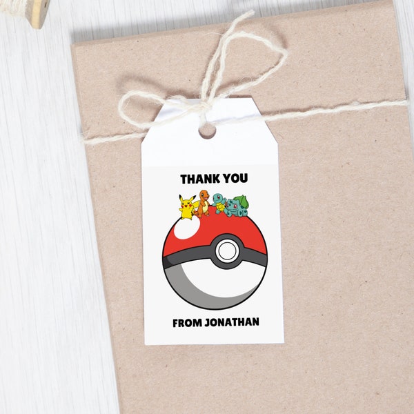 Pokemone Thank You Tag, Pokemon Birthday Party Favors Thank You Tag, Pikachu Charmander Squirtle Bulbasaur Favors Tag, Editable Printable