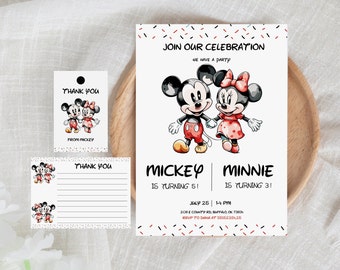 Mickey Mouse Sibling Birthday Invitation, Minnie Mouse Sibling Birthday Invite, Mickey And Minnie Mouse Clubhouse Sibling Birthday Invite