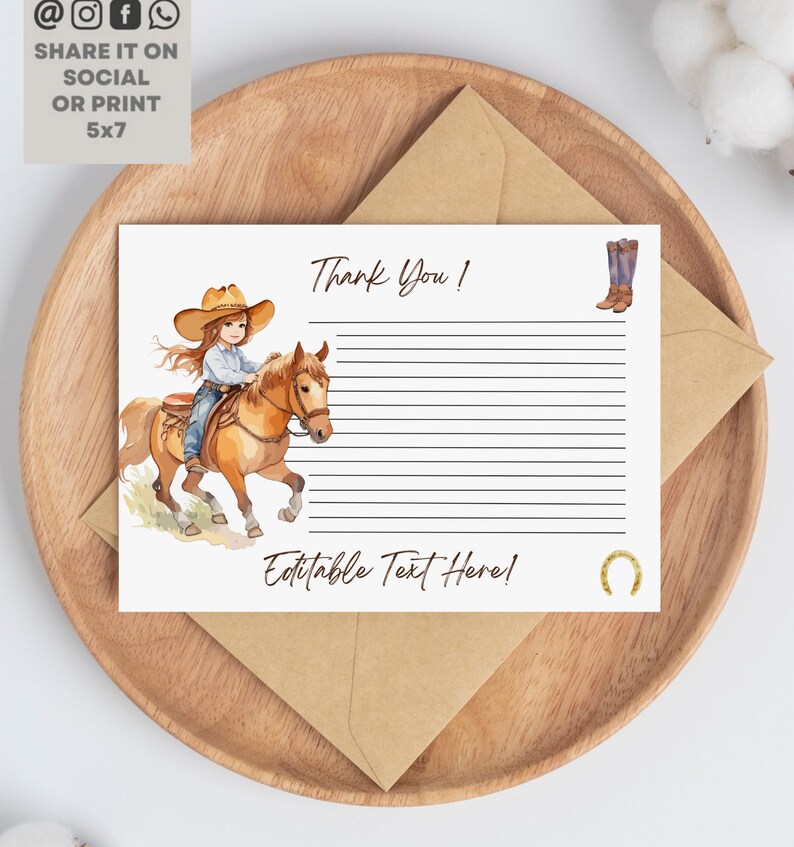 Horse Cowgirl Birthday Thank You Card, Horse Party Thank You Card, Girl ...
