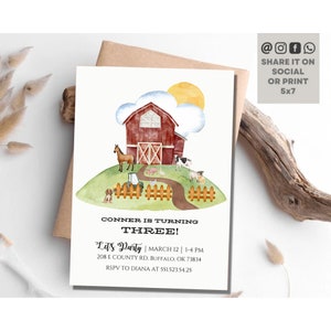 Farm Birthday Invitation Template, Barnyard Birthday Party, Printable Modern Farm Animal Invite, Editable Text, INSTANT DOWNLOAD