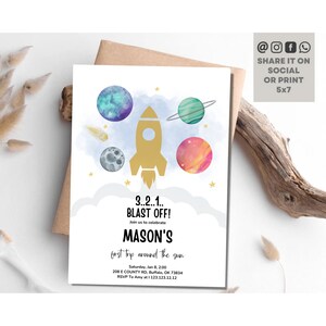 Editable Outer Space First Birthday Invitation Galaxy Blast Off First Trip Around the Sun Outer Space Invite Download Printable Template