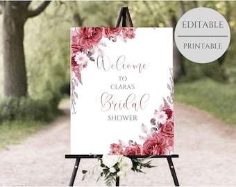 Florales Rosa Bordeaux Brautschild, Blush Pink Brautschild Vorlage, Hochzeit Willkommensschild, Verlobungsschild, Direkter Download
