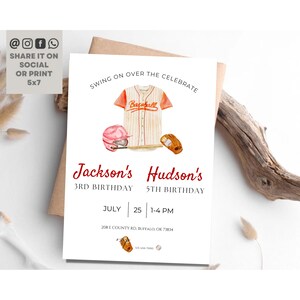 Baseball Birthday Sibling Party Invitation, Our Little Rookies Baseball Invite, Boy Baseball Party Birthday Invite, Editable Party Template