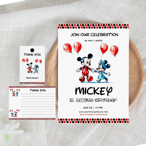 Mickey Mouse 2nd Birthday Invitation, Minnie Mouse 2nd Birthday Invitation ,Mickey And Minnie Mouse Second Birthday Invite, Instant