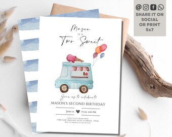 Ice Cream Truck Birthday Invitation Ice Cream Two Sweet Modern 2nd Birthday Party Ice Cream Truck Two Second Birthday Invite Template