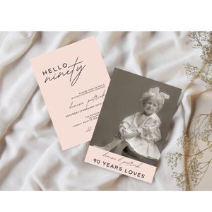 90th Birthday Photo Invitation, Any Age 90th Birthday Party Invite, Boho Pink Printable Canva Template for Her Him Celebration