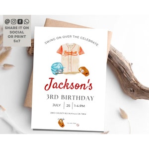 Baseball Party 3rd Birthday Invite, Our Little Rookie Baseball Invitation, Boy Baseball Party Birthday Invite, Editable Party Template