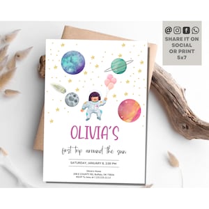 Editable Outer Space Girl First Birthday Invitation Galaxy Blast Off First Trip Around the Sun Pink Birthday Invite Instant Download