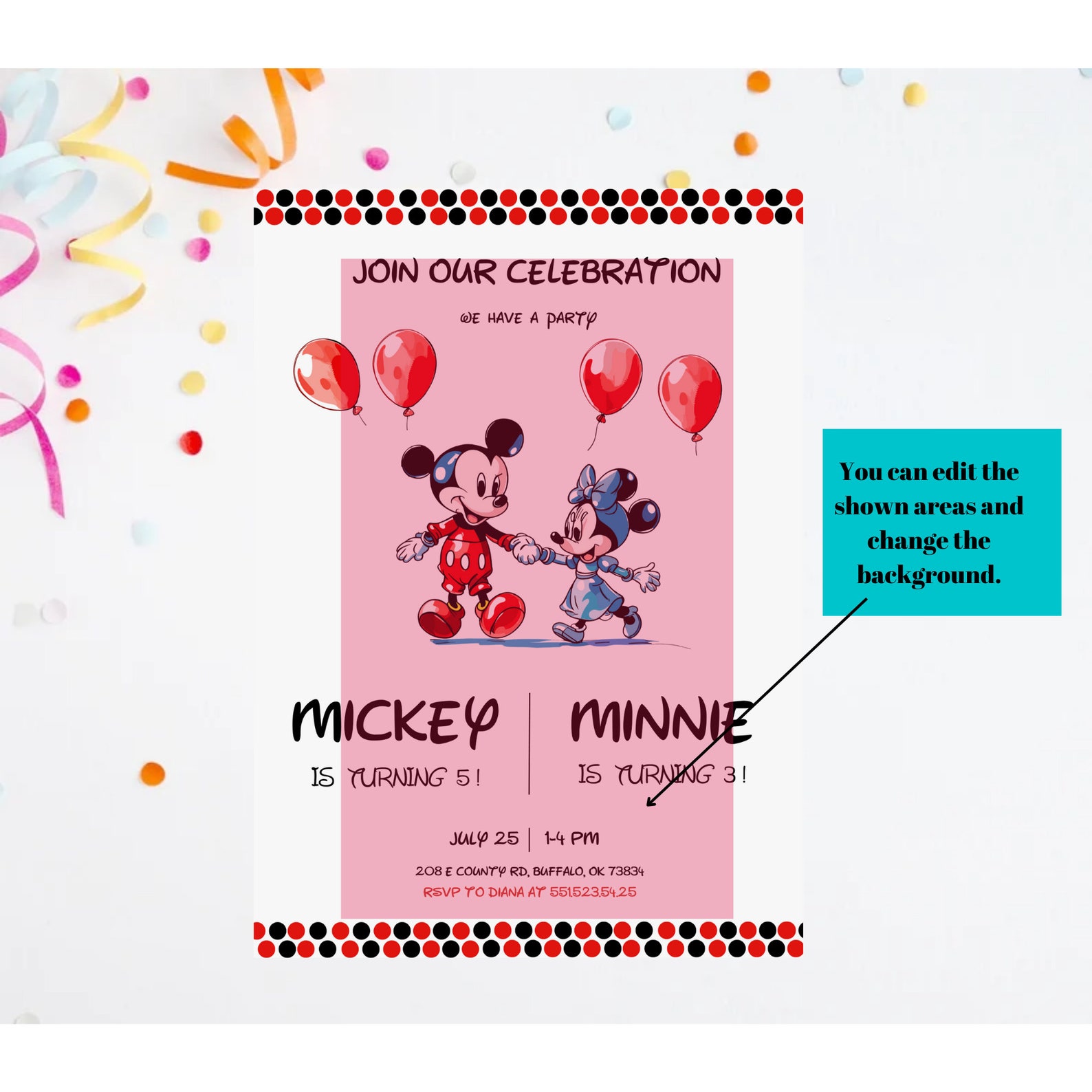 Mickey Mouse Sibling Birthday Invitation, Minnie Mouse Sibling Birthday
