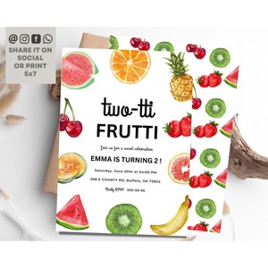 Two-tti Frutti Birthday Invite, Tutti Frutti 2nd Birthday Invitation, Fruit Tropical Summer Party Card, Fruit Party Editable Template