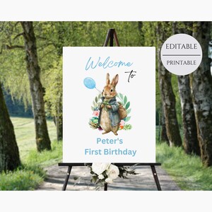Peter Rabbit Welcome Sign Boy Birthday Baby Shower Welcome 1st Birthday Rabbit Watercolor Bunny Welcome Sign Editable , Custom Sign, Favors