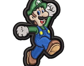 May include: Embroidered patch featuring a green and brown cartoon character with a moustache and a green hat. The character is wearing blue overalls and is running with his right arm raised.