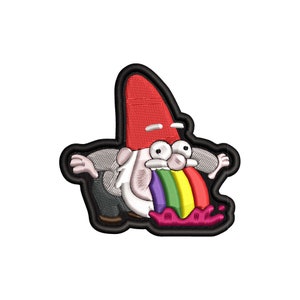 May include: Embroidered patch featuring a cartoon gnome with a red hat, gray suit, and a rainbow-colored stream emanating from its mouth. The patch has a black border and is set against a white background.