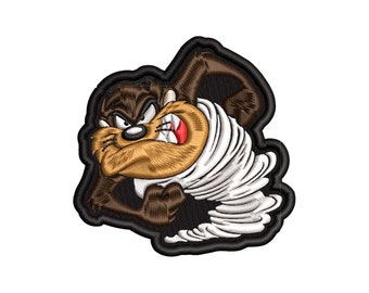 May include: A brown and black cartoon Tasmanian Devil with a white tornado swirling around him. The devil has a menacing expression with sharp teeth and a red tongue.