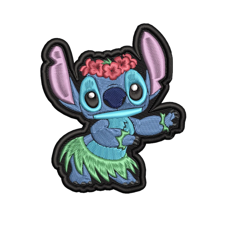 May include: Blue Stitch character wearing a green grass skirt and a pink flower lei. The character is smiling and has a blue nose and big eyes.